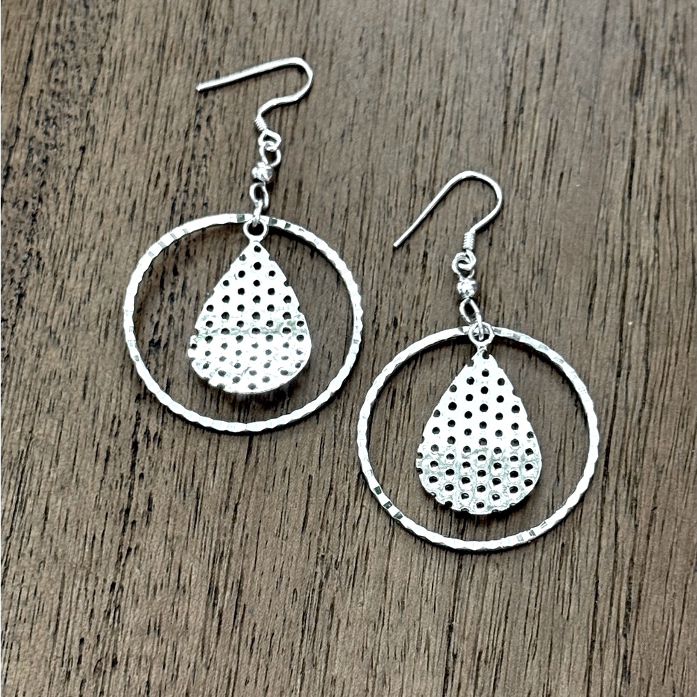 925 Sterling Silver Textured Circle Dangle Earrings! NEW!